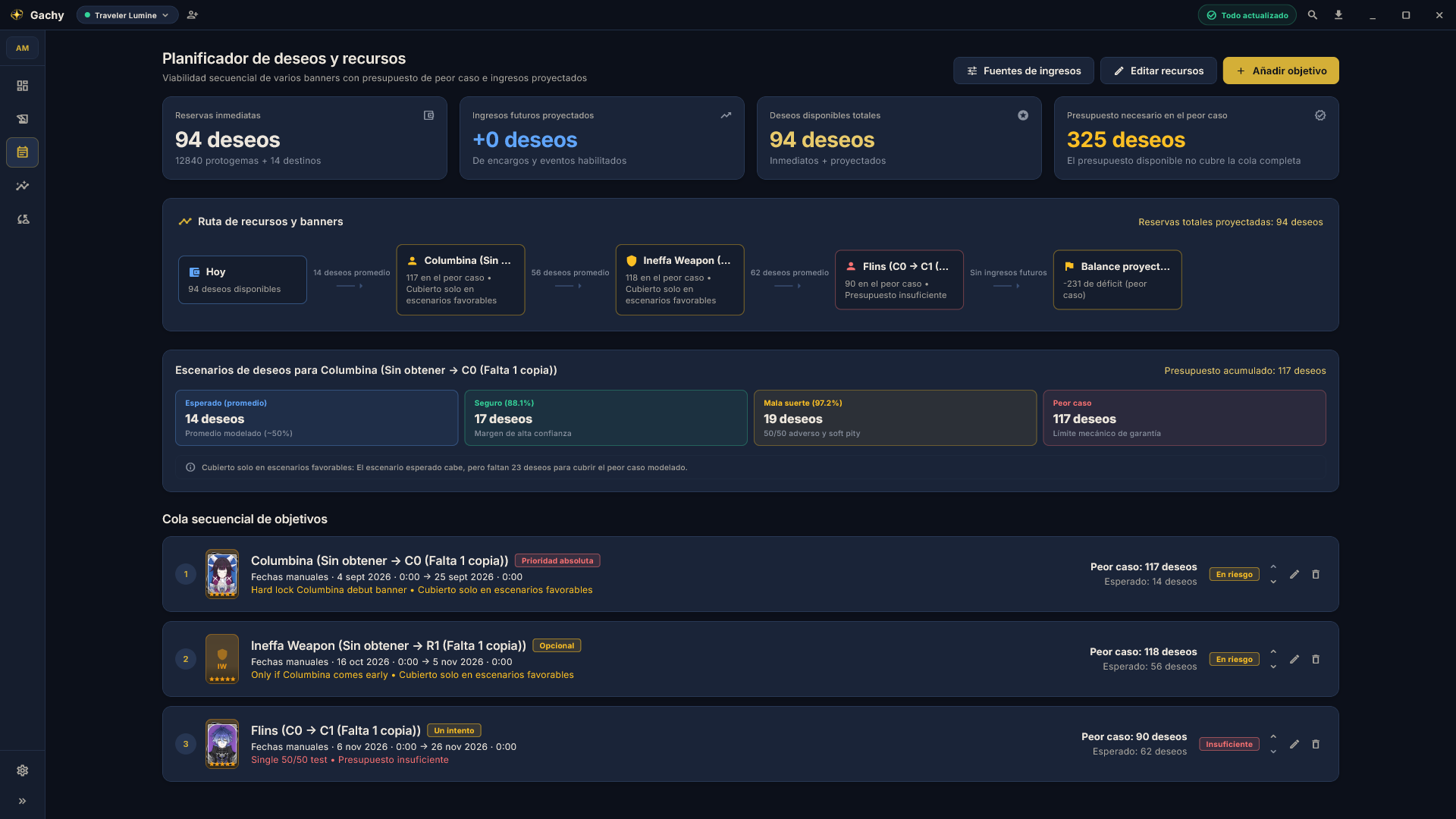 Planificador de tiradas y recursos en Gachy